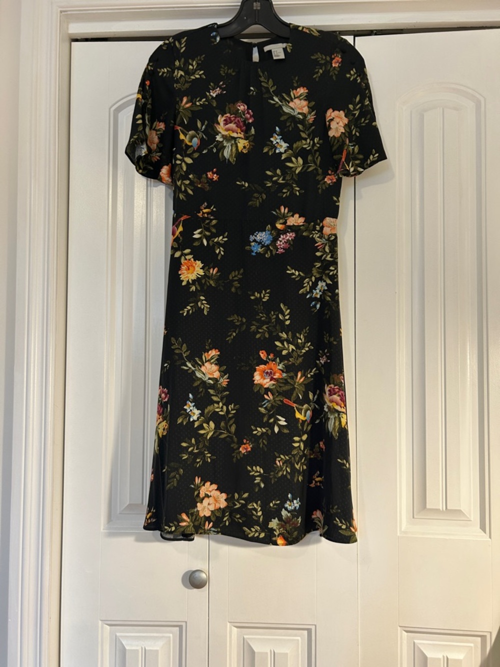 Black Floral Short-Sleeve A-Line Dress